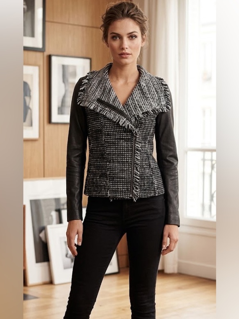VINCE Black and Gray Textured Blazer Leather and Wool XS